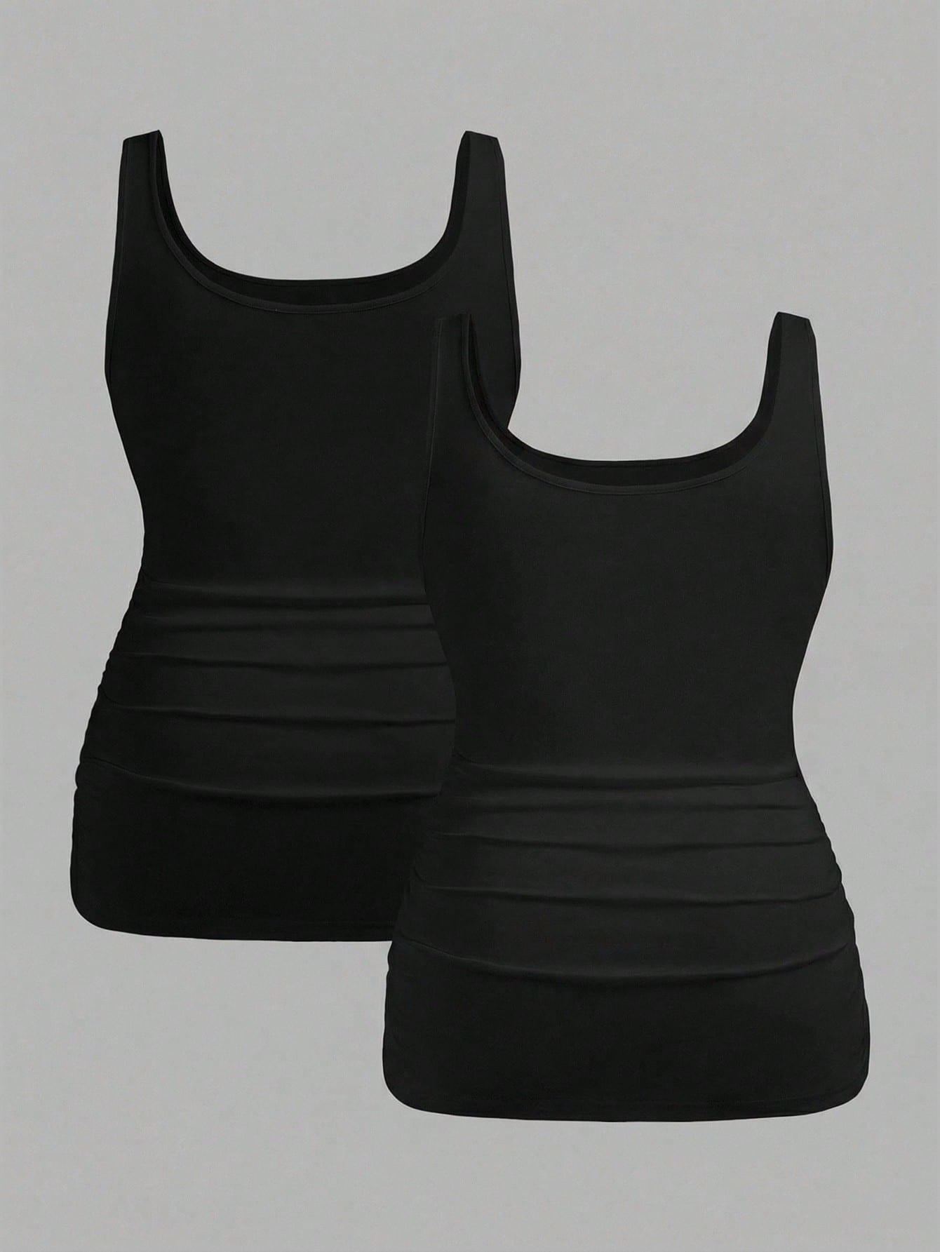 Slaydiva 2pcs Plus Size Women Casual Black Scoop Neck Ruched Waist Bodycon Tank Top Set, Suitable For Daily Wear, Versatile, Y2K