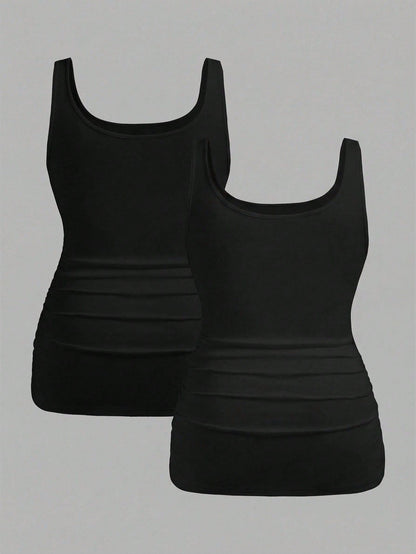 Slaydiva 2pcs Plus Size Women Casual Black Scoop Neck Ruched Waist Bodycon Tank Top Set, Suitable For Daily Wear, Versatile, Y2K