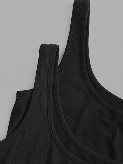 Slaydiva 2pcs Plus Size Women Casual Black Scoop Neck Ruched Waist Bodycon Tank Top Set, Suitable For Daily Wear, Versatile, Y2K