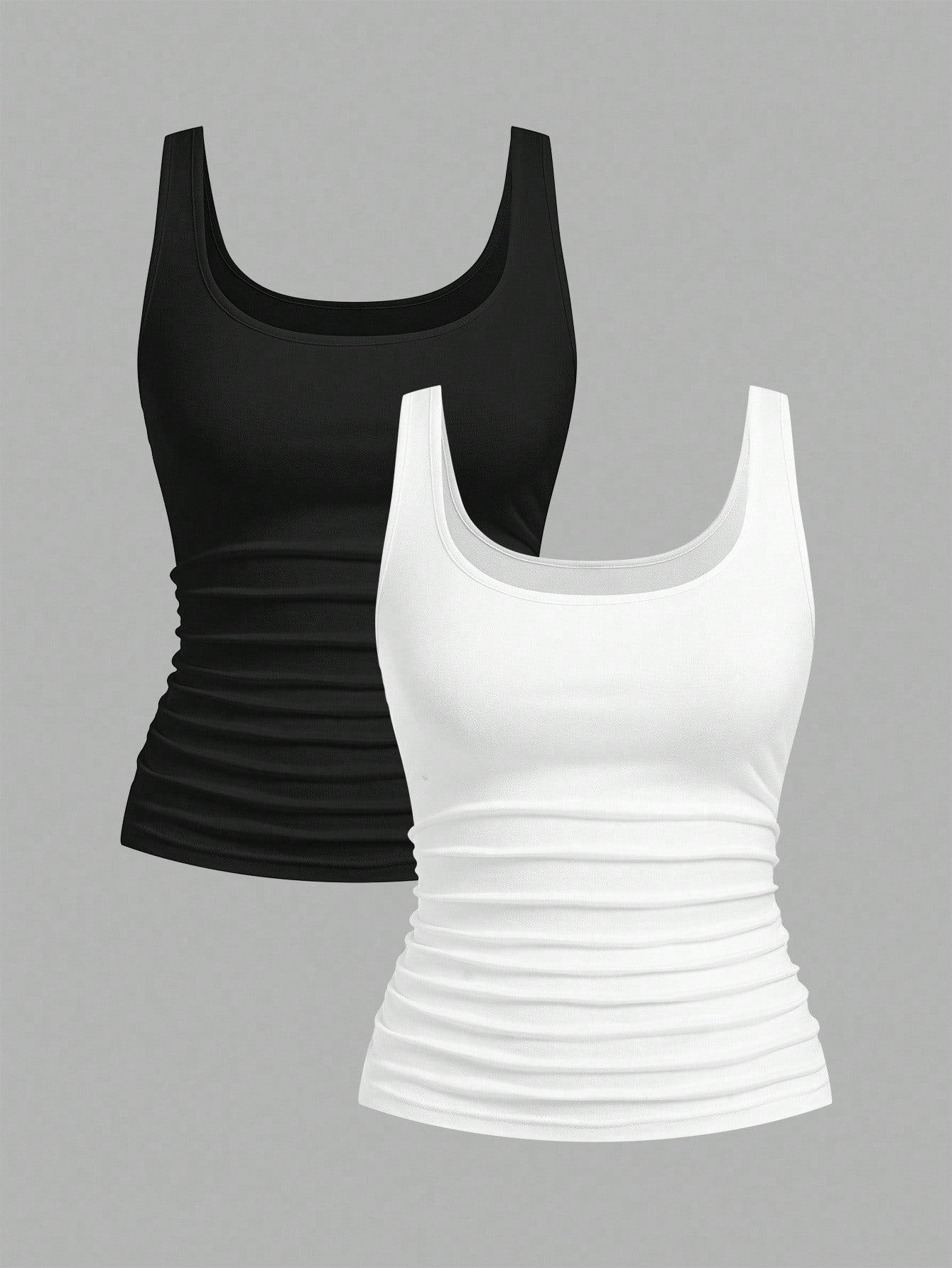 Slaydiva 2pcs Plus Size Women Casual Black Scoop Neck Ruched Waist Bodycon Tank Top Set, Suitable For Daily Wear, Versatile, Y2K