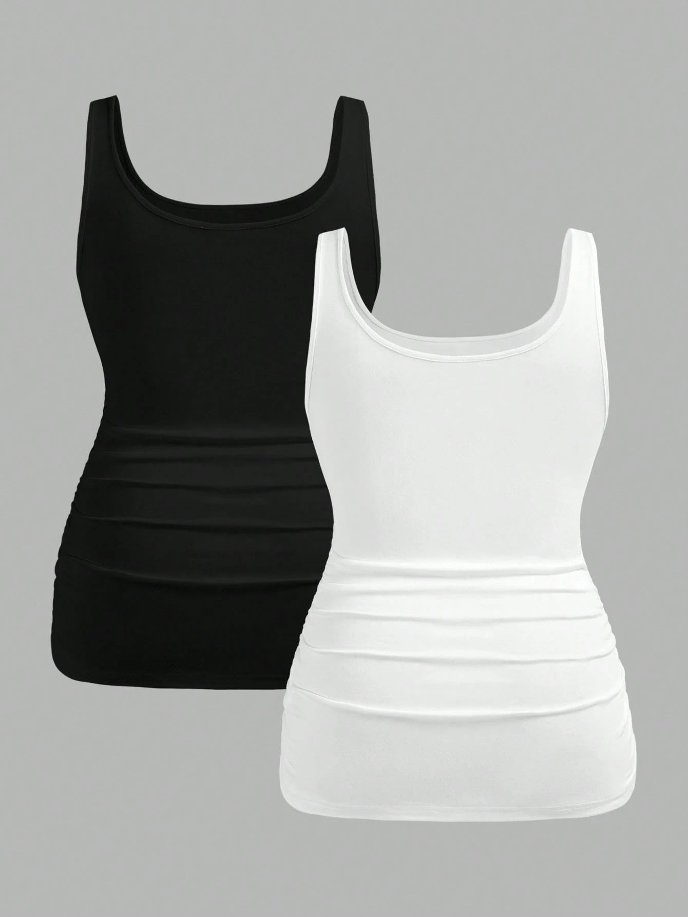 Slaydiva 2pcs Plus Size Women Casual Black Scoop Neck Ruched Waist Bodycon Tank Top Set, Suitable For Daily Wear, Versatile, Y2K