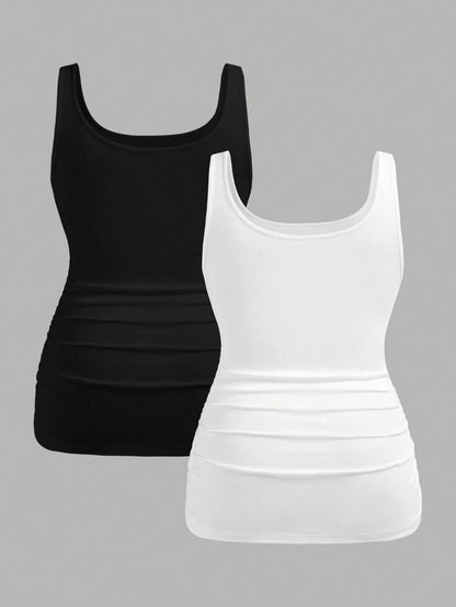 Slaydiva 2pcs Plus Size Women Casual Black Scoop Neck Ruched Waist Bodycon Tank Top Set, Suitable For Daily Wear, Versatile, Y2K