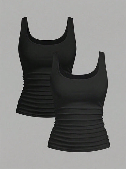 Slaydiva 2pcs Plus Size Women Casual Black Scoop Neck Ruched Waist Bodycon Tank Top Set, Suitable For Daily Wear, Versatile, Y2K