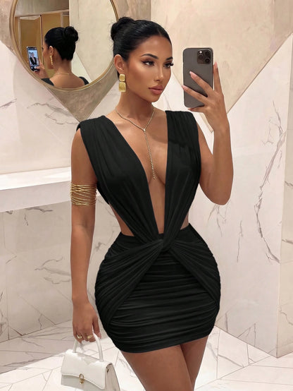 Slaydiva New Party Night Out Birthday Bar Nightclub Christmas Occasion Elegant Sexy Deep V-Neck Twist Greek Pleated Women Black Short Dress-A Summer