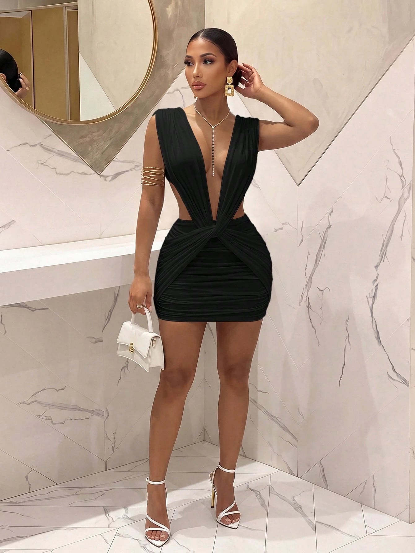 Slaydiva New Party Night Out Birthday Bar Nightclub Christmas Occasion Elegant Sexy Deep V-Neck Twist Greek Pleated Women Black Short Dress-A Summer