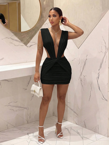 Slaydiva New Party Night Out Birthday Bar Nightclub Christmas Occasion Elegant Sexy Deep V-Neck Twist Greek Pleated Women Black Short Dress-A Summer