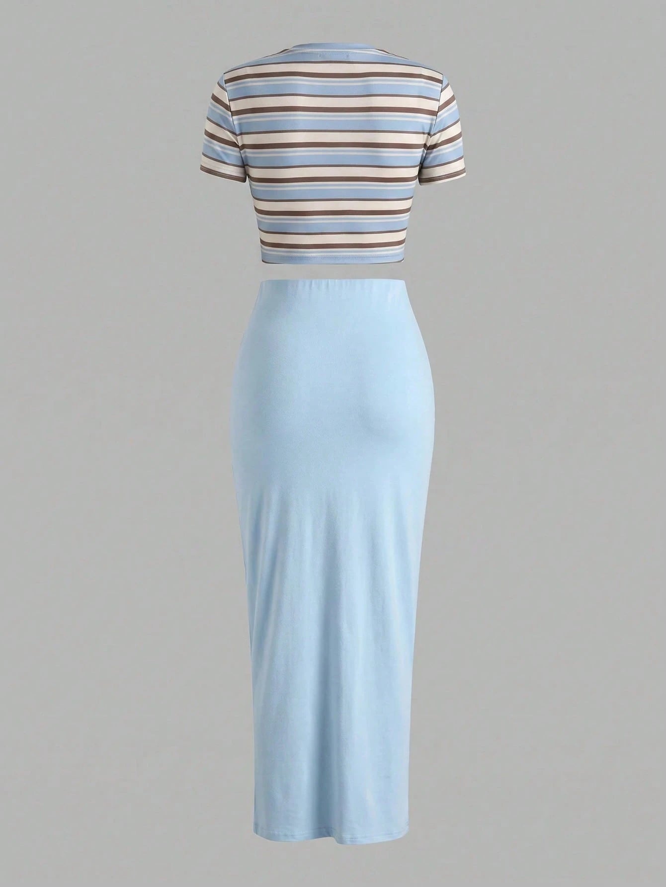 Slaydiva New Summer Women's Fitted Cropped ShortSleeve Round Neck T-Shirt&Bodycon Maxi Skirt 2pcs/Going Out/Internet Celebrity/Holiday/Stripes Graphic Print