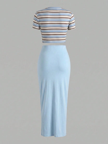 Slaydiva New Summer Women's Fitted Cropped ShortSleeve Round Neck T-Shirt&Bodycon Maxi Skirt 2pcs/Going Out/Internet Celebrity/Holiday/Stripes Graphic Print