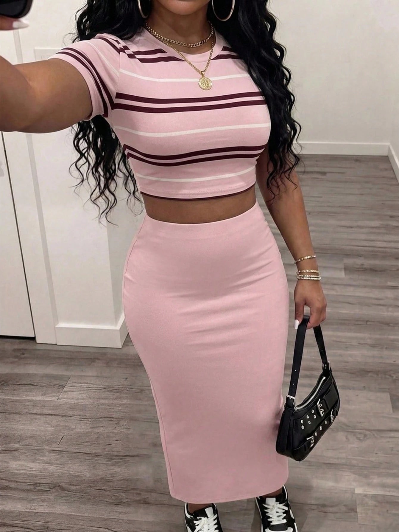 Slaydiva New Summer Women's Fitted Cropped ShortSleeve Round Neck T-Shirt&Bodycon Maxi Skirt 2pcs/Going Out/Internet Celebrity/Holiday/Stripes Graphic Print