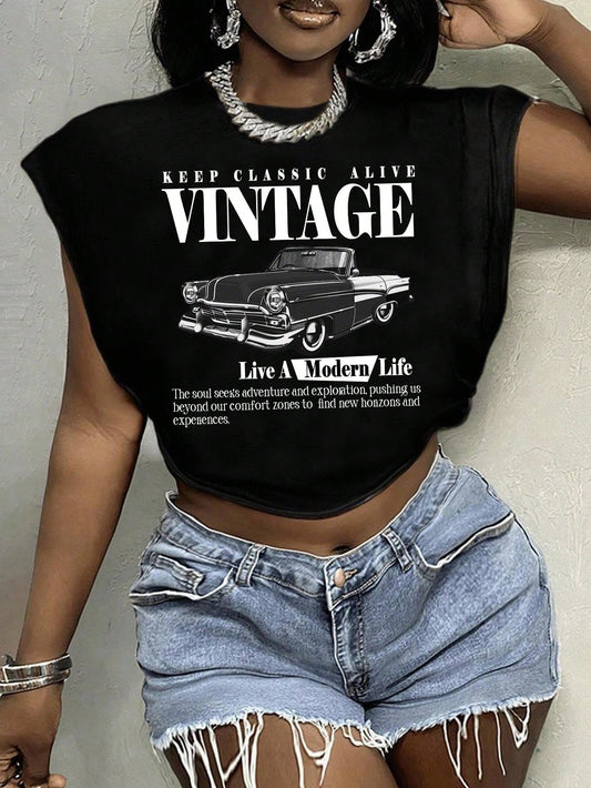 Slaydiva Plus Size Casual Minimalist Vintage Slogan & Retro Car Graphic T-Shirt, Suitable For Summer