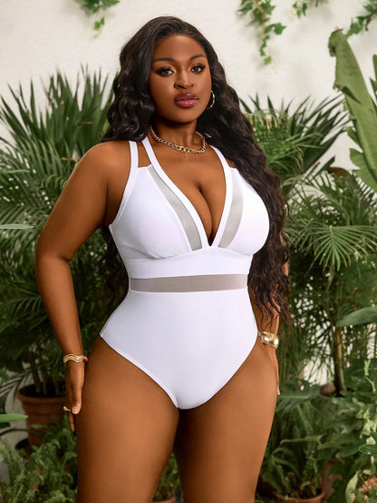 Slaydiva Plus Size Sexy Deep V Neck Mesh Panel Strappy One-Piece Swimsuit For Summer Beach Vacation
