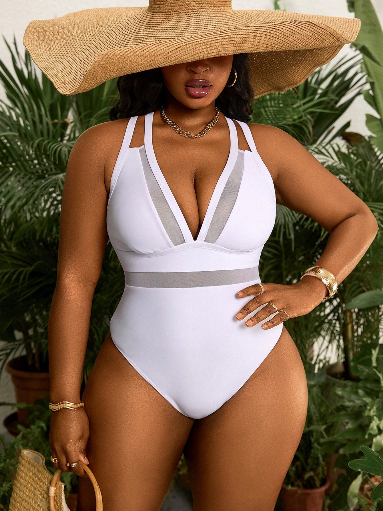 Slaydiva Plus Size Sexy Deep V Neck Mesh Panel Strappy One-Piece Swimsuit For Summer Beach Vacation