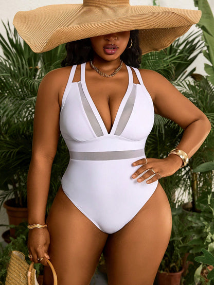 Slaydiva Plus Size Sexy Deep V Neck Mesh Panel Strappy One-Piece Swimsuit For Summer Beach Vacation