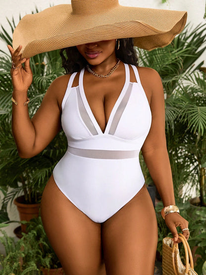 Slaydiva Plus Size Sexy Deep V Neck Mesh Panel Strappy One-Piece Swimsuit For Summer Beach Vacation
