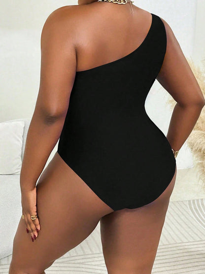 Slaydiva Plus Size Women Blue Hollow-Out Gold Decor One-Piece Swimsuit, Slim Fit Casual Beachwear, Summer Resort