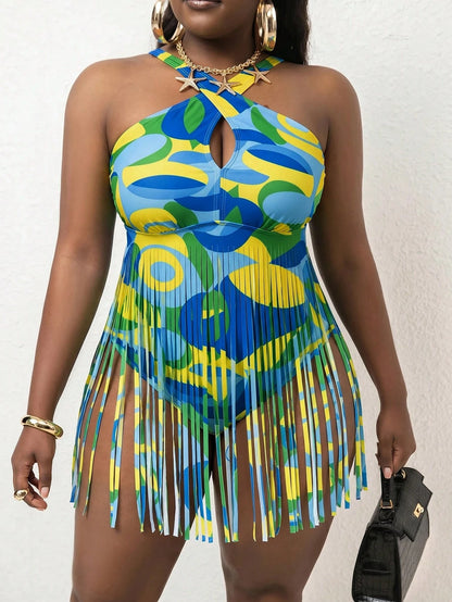Slaydiva Plus Size Women Colorful Leopard Print Tassel Design Bikini Top