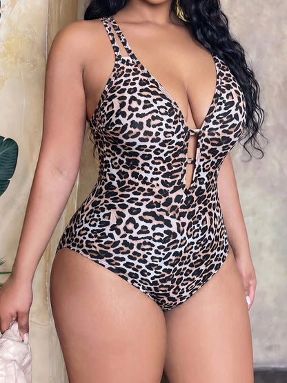 Slaydiva Plus Size Women One-Piece Swimsuit, Sexy Leopard Print Design For Summer Holiday