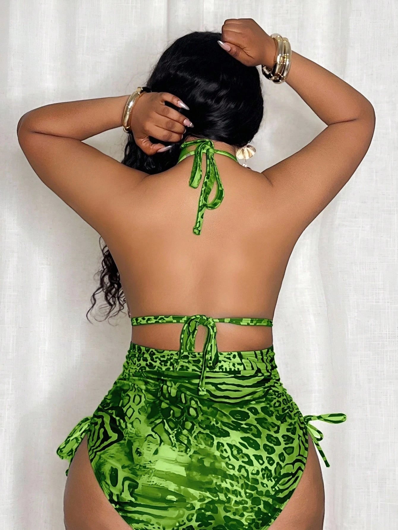 Slaydiva Plus Size Women Random Leopard Print Triangle Top And Side Tie One-Piece Swimsuit For Summer Beach Vacation
