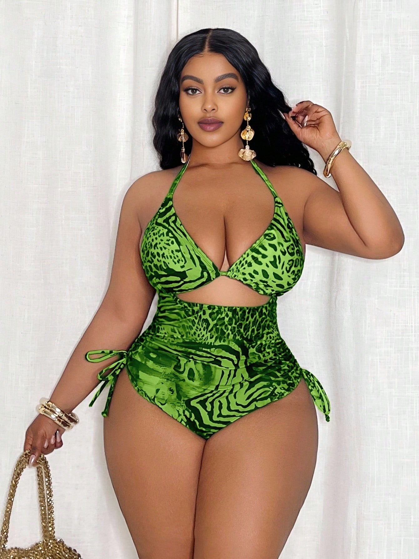 Slaydiva Plus Size Women Random Leopard Print Triangle Top And Side Tie One-Piece Swimsuit For Summer Beach Vacation