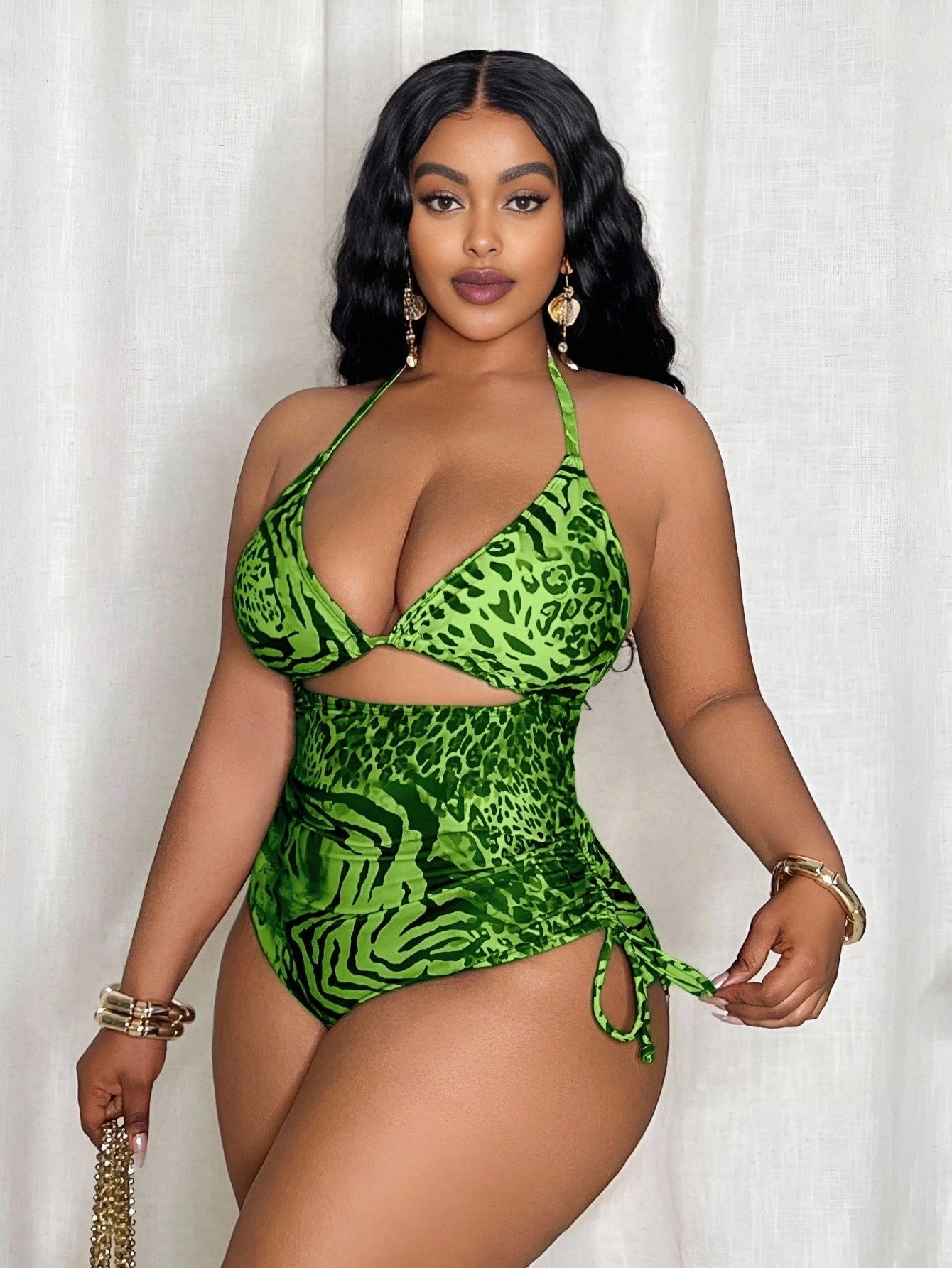 Slaydiva Plus Size Women Random Leopard Print Triangle Top And Side Tie One-Piece Swimsuit For Summer Beach Vacation