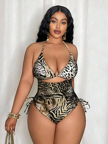 Slaydiva Plus Size Women Random Leopard Print Triangle Top And Side Tie One-Piece Swimsuit For Summer Beach Vacation