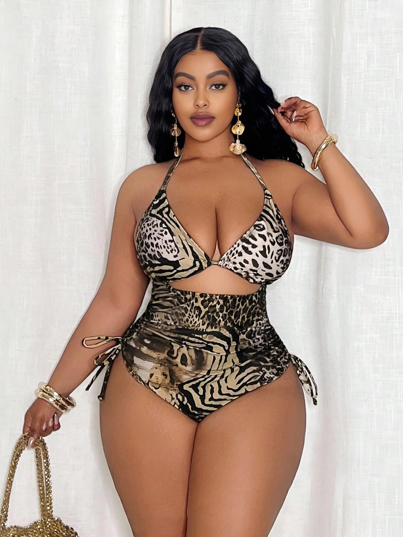 Slaydiva Plus Size Women Random Leopard Print Triangle Top And Side Tie One-Piece Swimsuit For Summer Beach Vacation