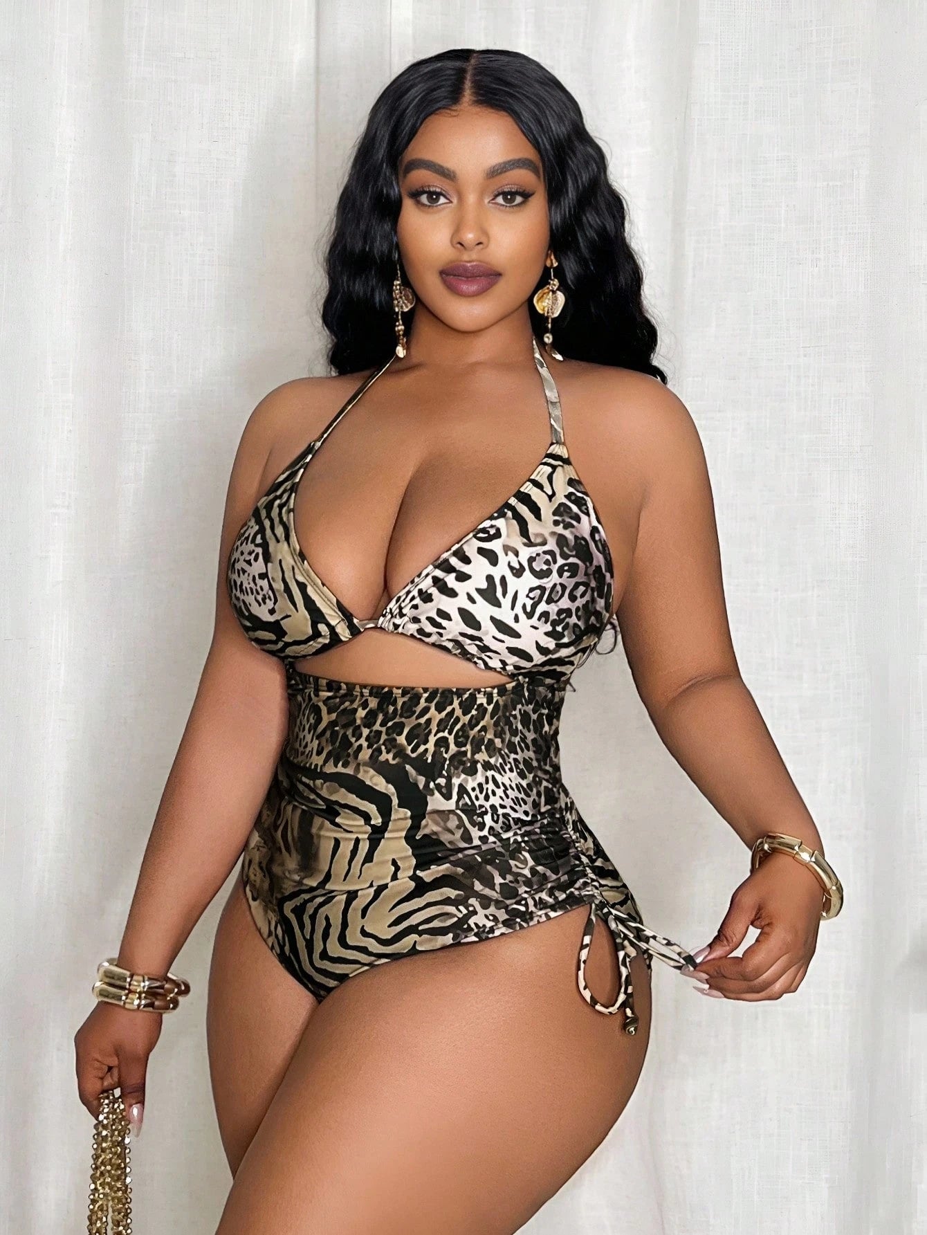 Slaydiva Plus Size Women Random Leopard Print Triangle Top And Side Tie One-Piece Swimsuit For Summer Beach Vacation