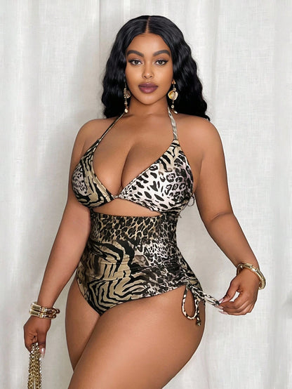 Slaydiva Plus Size Women Random Leopard Print Triangle Top And Side Tie One-Piece Swimsuit For Summer Beach Vacation