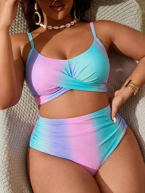Slaydiva Plus Size Women's Gradient Color Print Cross Wrap Bust Tie Back Bikini Set Set, Beach/Resort Vacation
