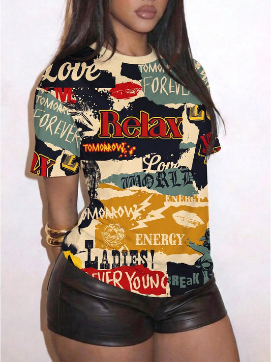Slaydiva Plus Size Women's Letter Print Casual Versatile Daily Short Sleeve T-Shirt