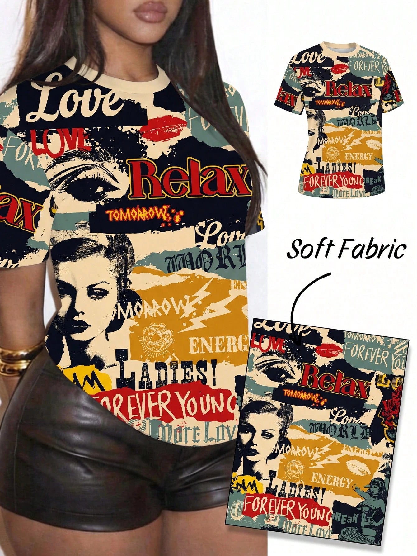 Slaydiva Plus Size Women's Letter Print Casual Versatile Daily Short Sleeve T-Shirt