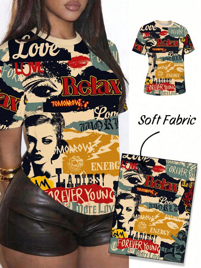 Slaydiva Plus Size Women's Letter Print Casual Versatile Daily Short Sleeve T-Shirt