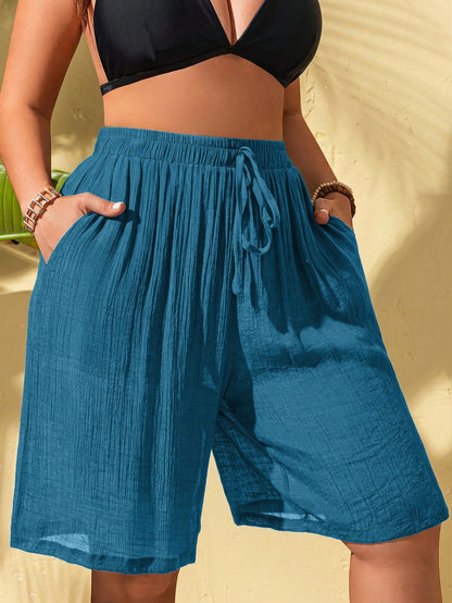 Slaydiva Plus Size Women Solid Color Drawstring Waist Pocket Cover-Up Shorts