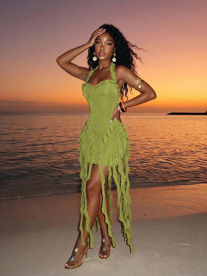 Slaydiva Women's Olive Green One Shoulder Ruffle Trim Asymmetric Fringe Hem Bodycon Midi Dress- Sexy Party Beach Clubwear-A Summer