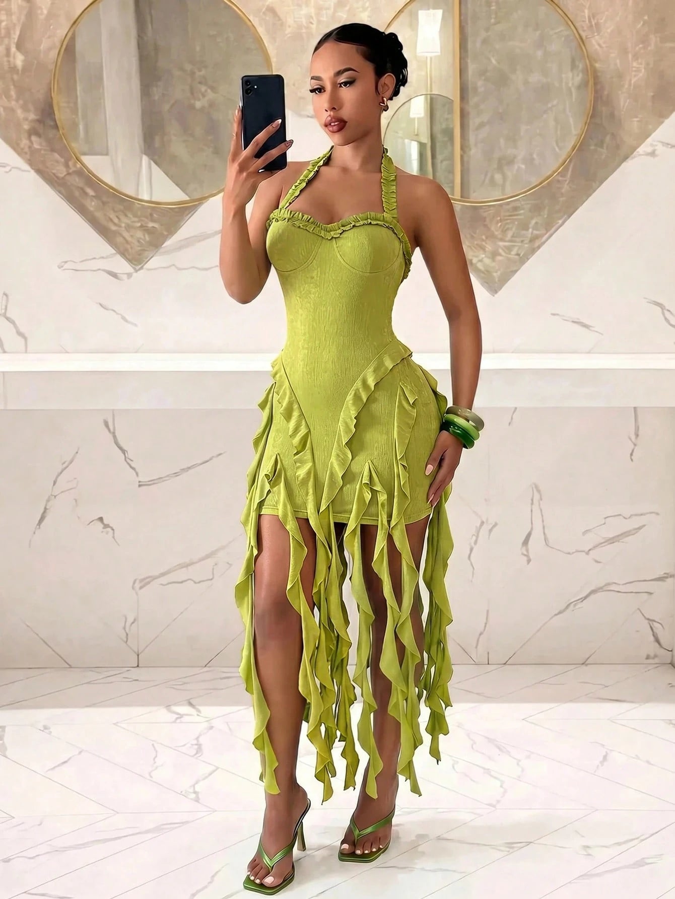 Slaydiva Women's Olive Green One Shoulder Ruffle Trim Asymmetric Fringe Hem Bodycon Midi Dress- Sexy Party Beach Clubwear-A Summer