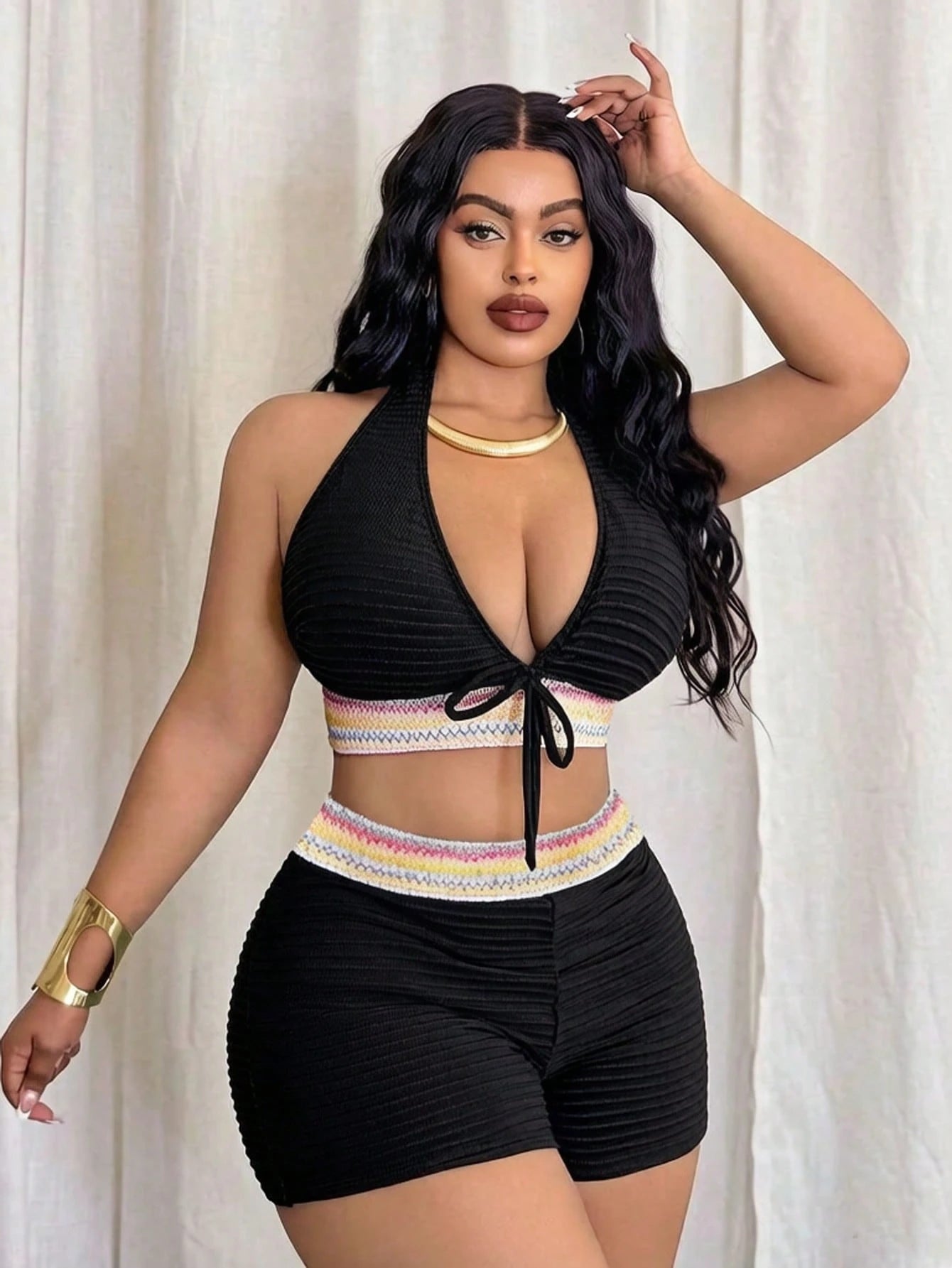 Slaydiva Women's Plus Size Black Halter Neck Deep V-Neck Swimsuit,Summer Beach Vacation Holiday Detachable Padded Bow-Tie High-Waisted Shorts Chic Set