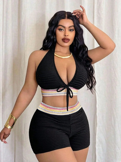 Slaydiva Women's Plus Size Black Halter Neck Deep V-Neck Swimsuit,Summer Beach Vacation Holiday Detachable Padded Bow-Tie High-Waisted Shorts Chic Set