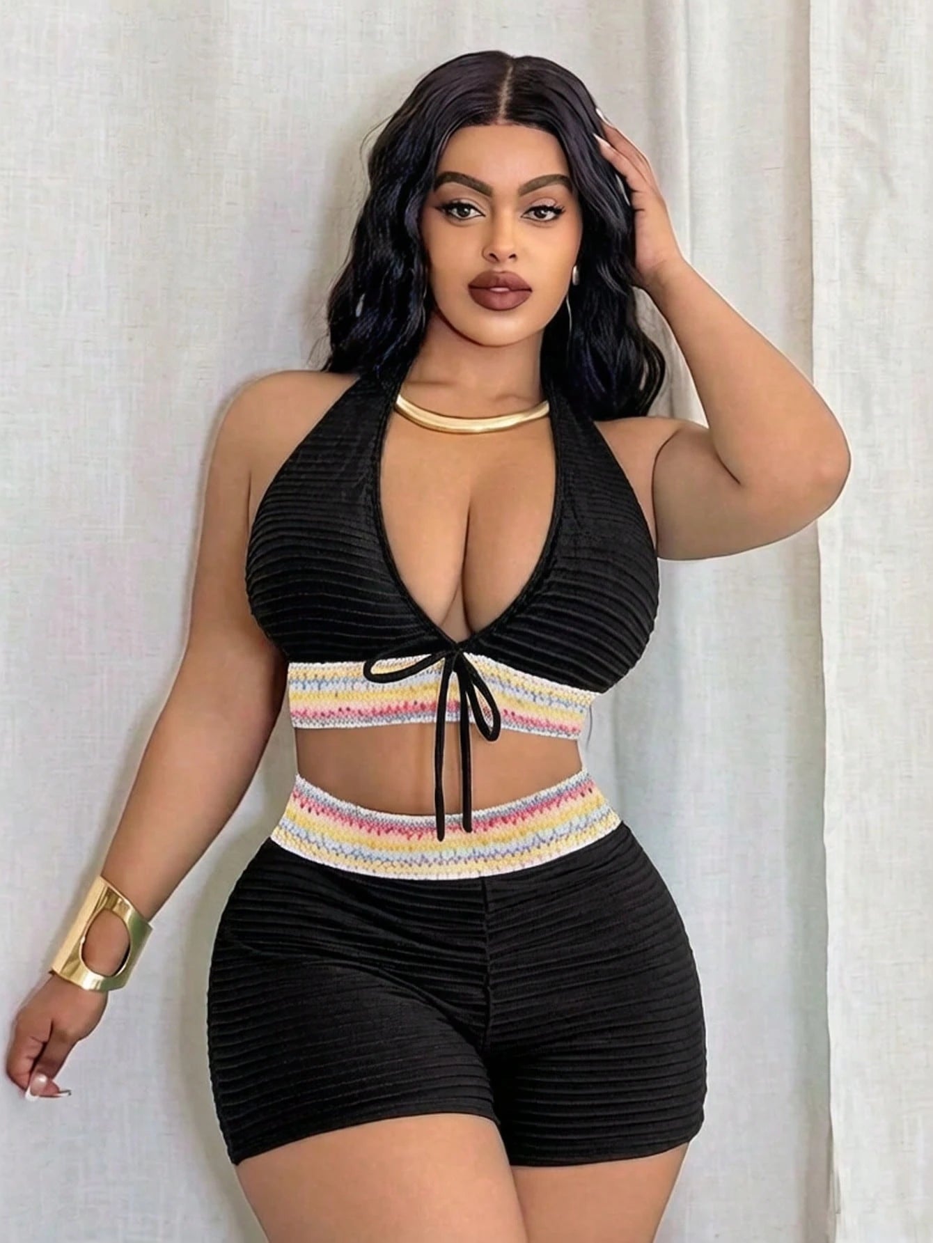 Slaydiva Women's Plus Size Black Halter Neck Deep V-Neck Swimsuit,Summer Beach Vacation Holiday Detachable Padded Bow-Tie High-Waisted Shorts Chic Set