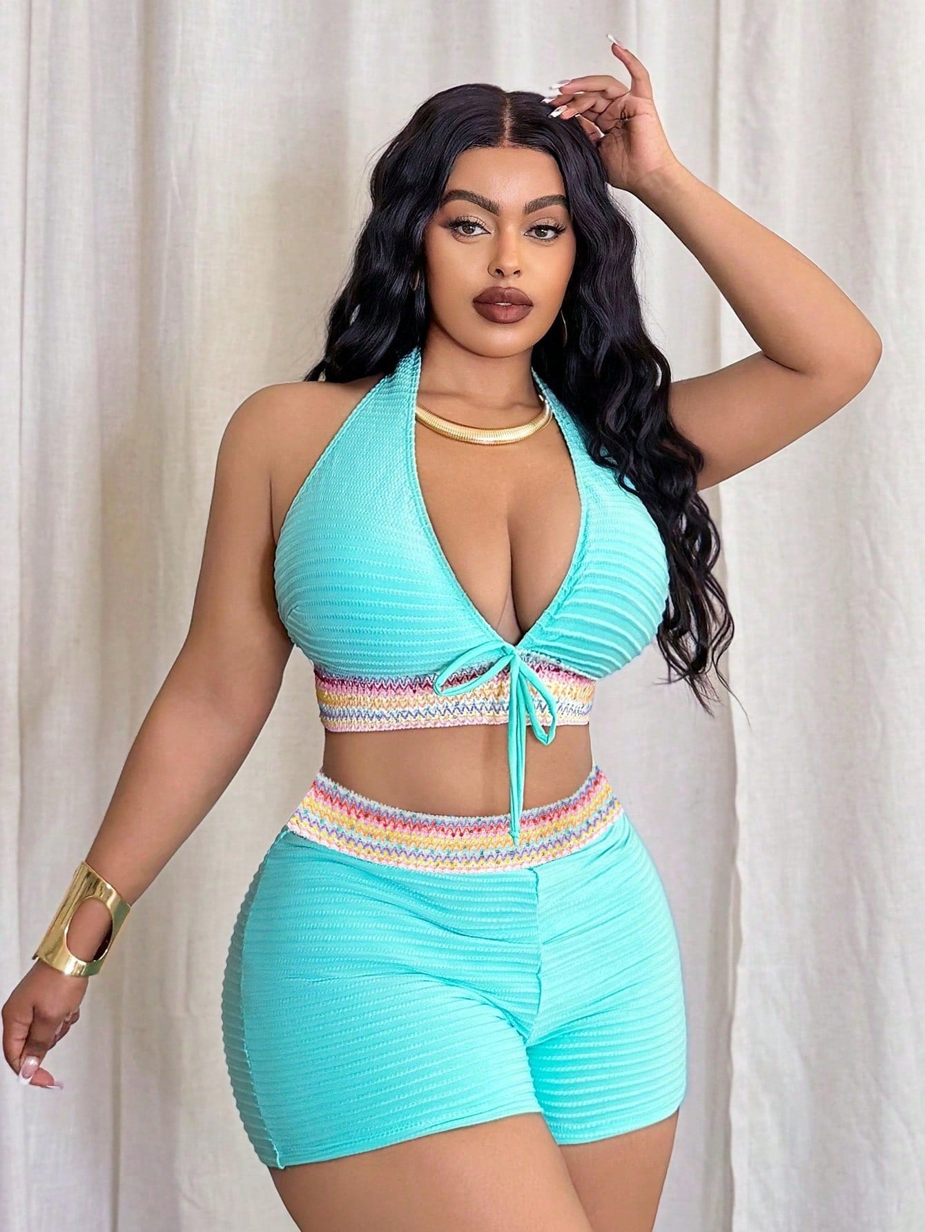 Slaydiva Women's Plus Size Black Halter Neck Deep V-Neck Swimsuit,Summer Beach Vacation Holiday Detachable Padded Bow-Tie High-Waisted Shorts Chic Set
