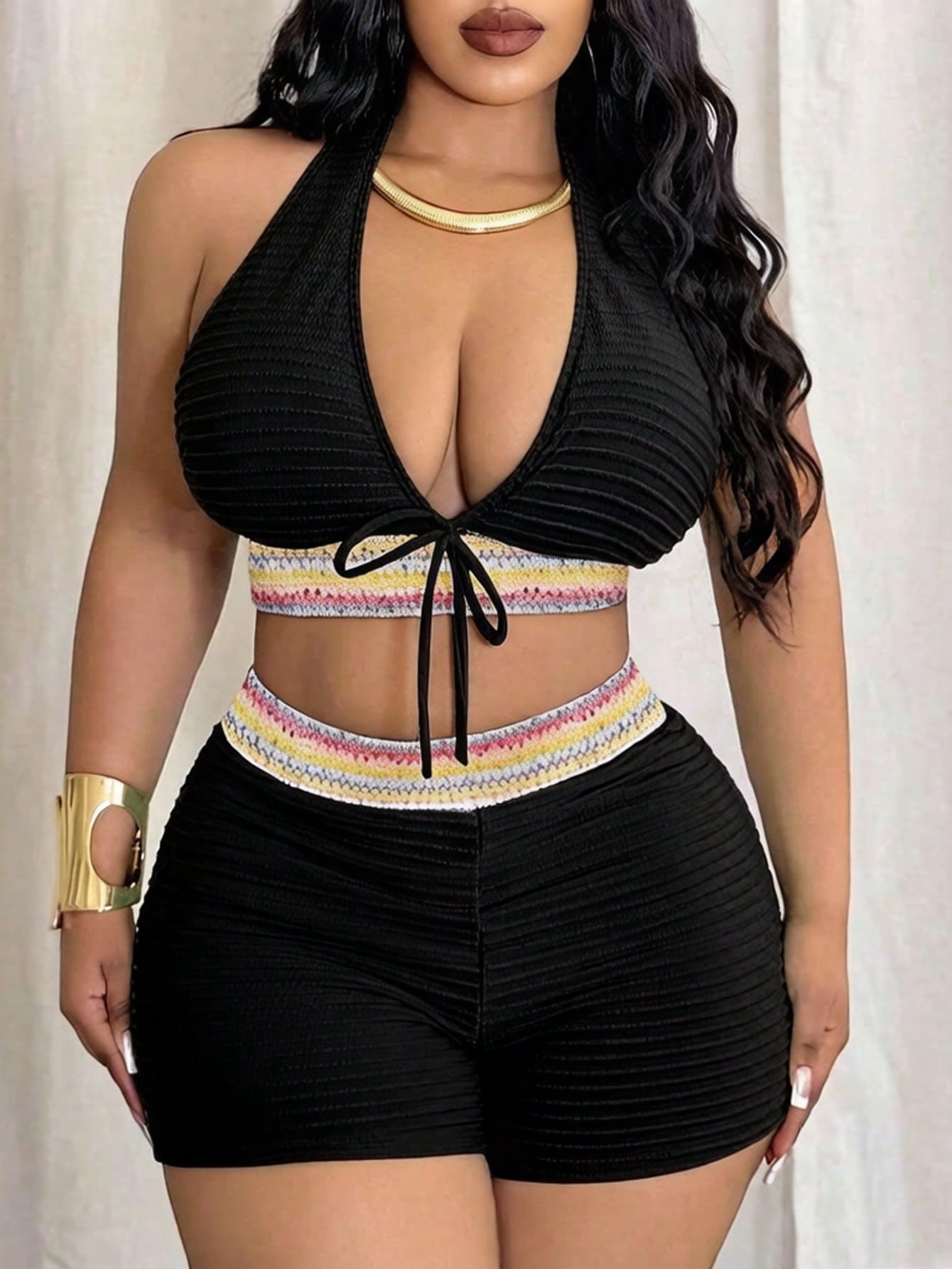 Slaydiva Women's Plus Size Black Halter Neck Deep V-Neck Swimsuit,Summer Beach Vacation Holiday Detachable Padded Bow-Tie High-Waisted Shorts Chic Set