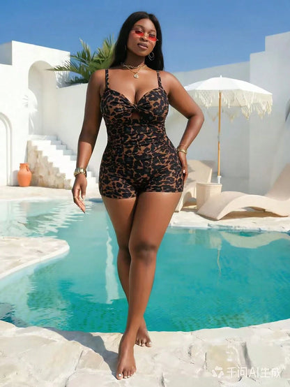 Slaydiva Women's Plus Size Solid Color One-Piece Swimsuit With Twist Front, Ruched Detail And Boyleg Bottom For Vacation Beach Vacation Brown Summer