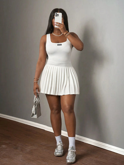 Slaydiva Women's White Summer Casual Active Back-To-School Knitted Mini Dress U-Neck Racer Vest Basic Pleated Skirt Culottes With Shorts Label Tennis