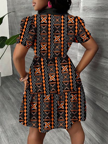 Slaydiva Zanzea Women's Black And Orange Summer Boho Vacation Mini Shirt Dress,Puff Sleeve A-Line Flora Graphic Sun Dresses,Casual Country Style Work Outfits