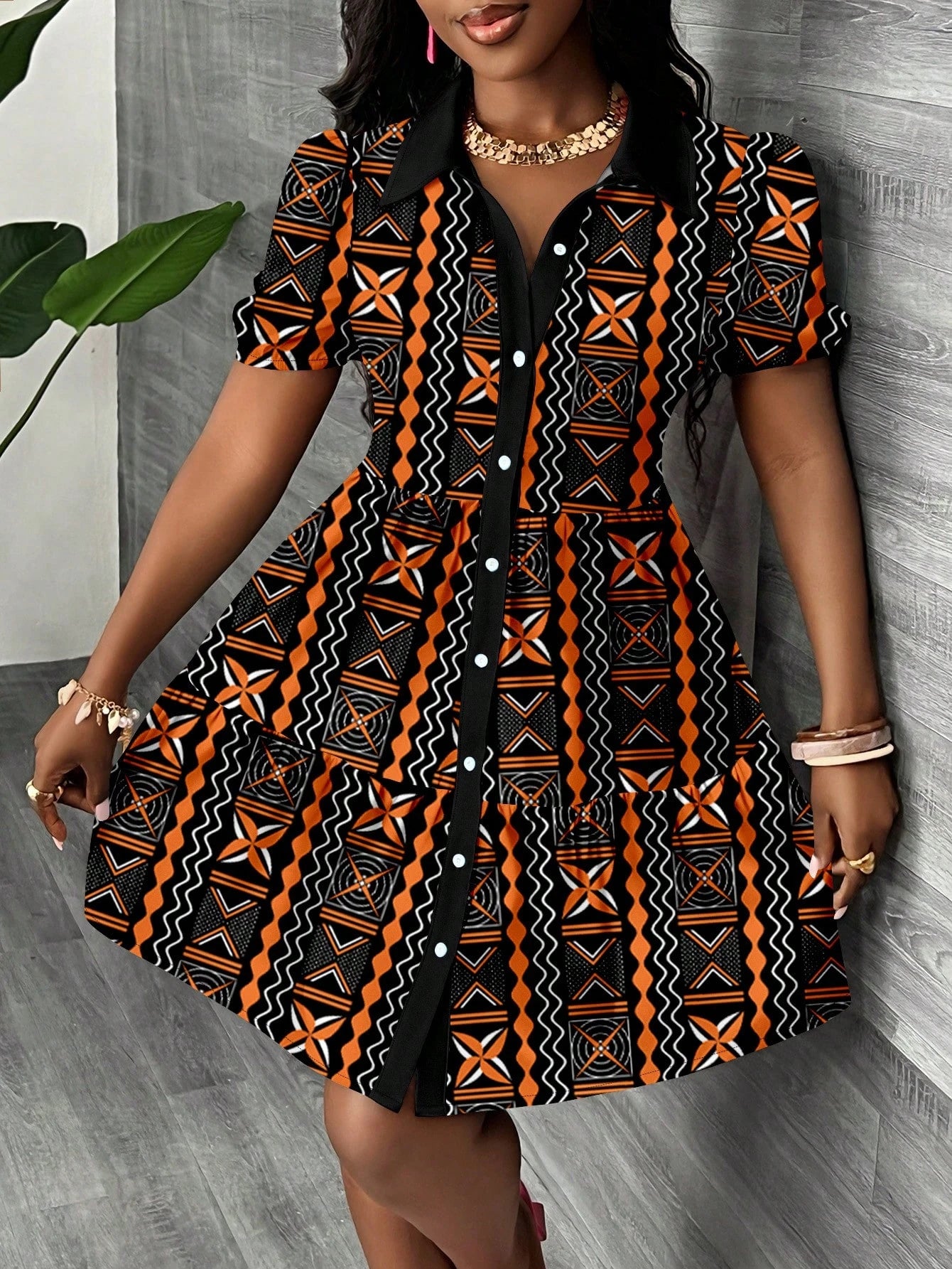 Slaydiva Zanzea Women's Black And Orange Summer Boho Vacation Mini Shirt Dress,Puff Sleeve A-Line Flora Graphic Sun Dresses,Casual Country Style Work Outfits