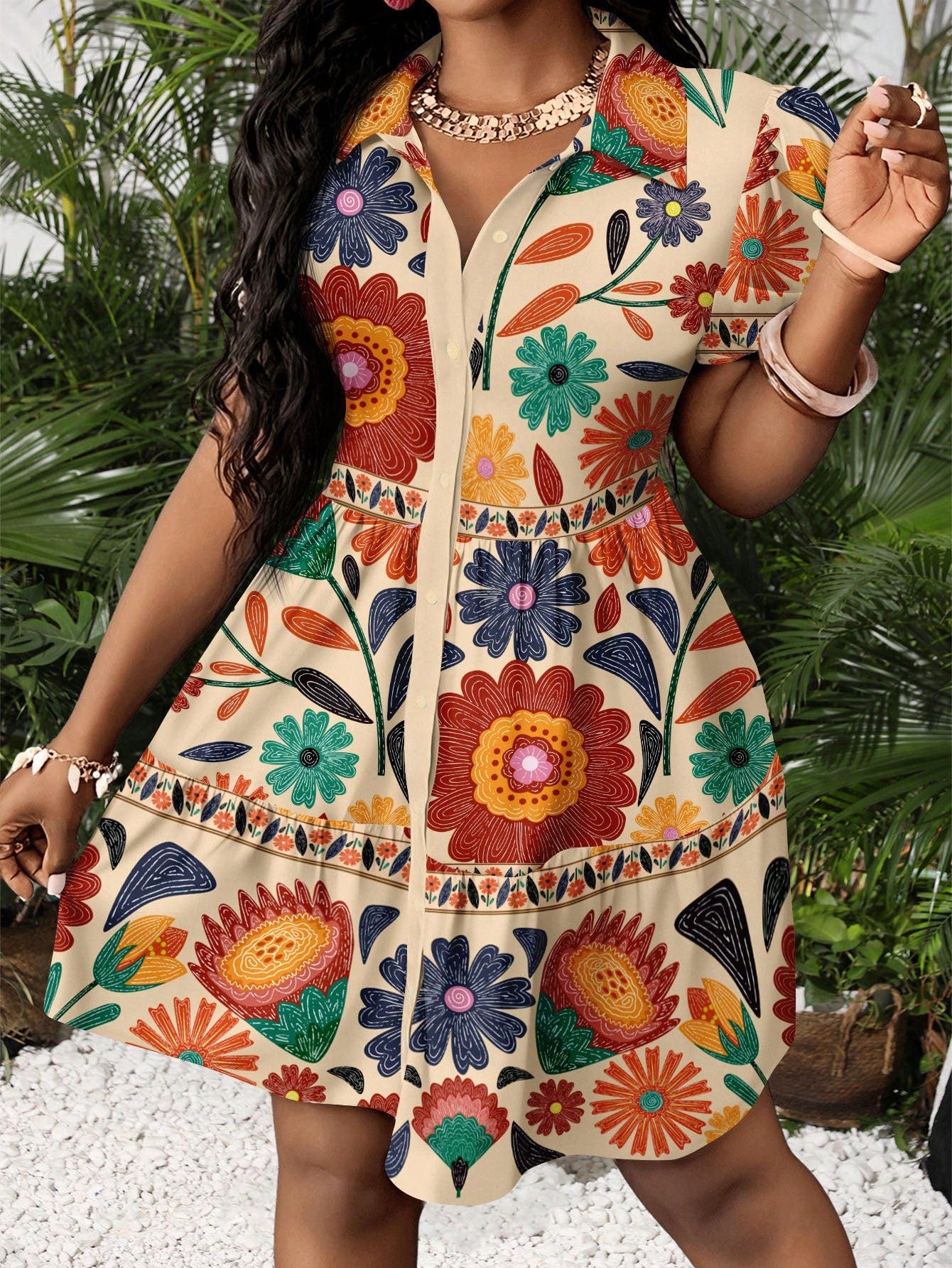 Slaydiva Zanzea Women's Black And Orange Summer Boho Vacation Mini Shirt Dress,Puff Sleeve A-Line Flora Graphic Sun Dresses,Casual Country Style Work Outfits