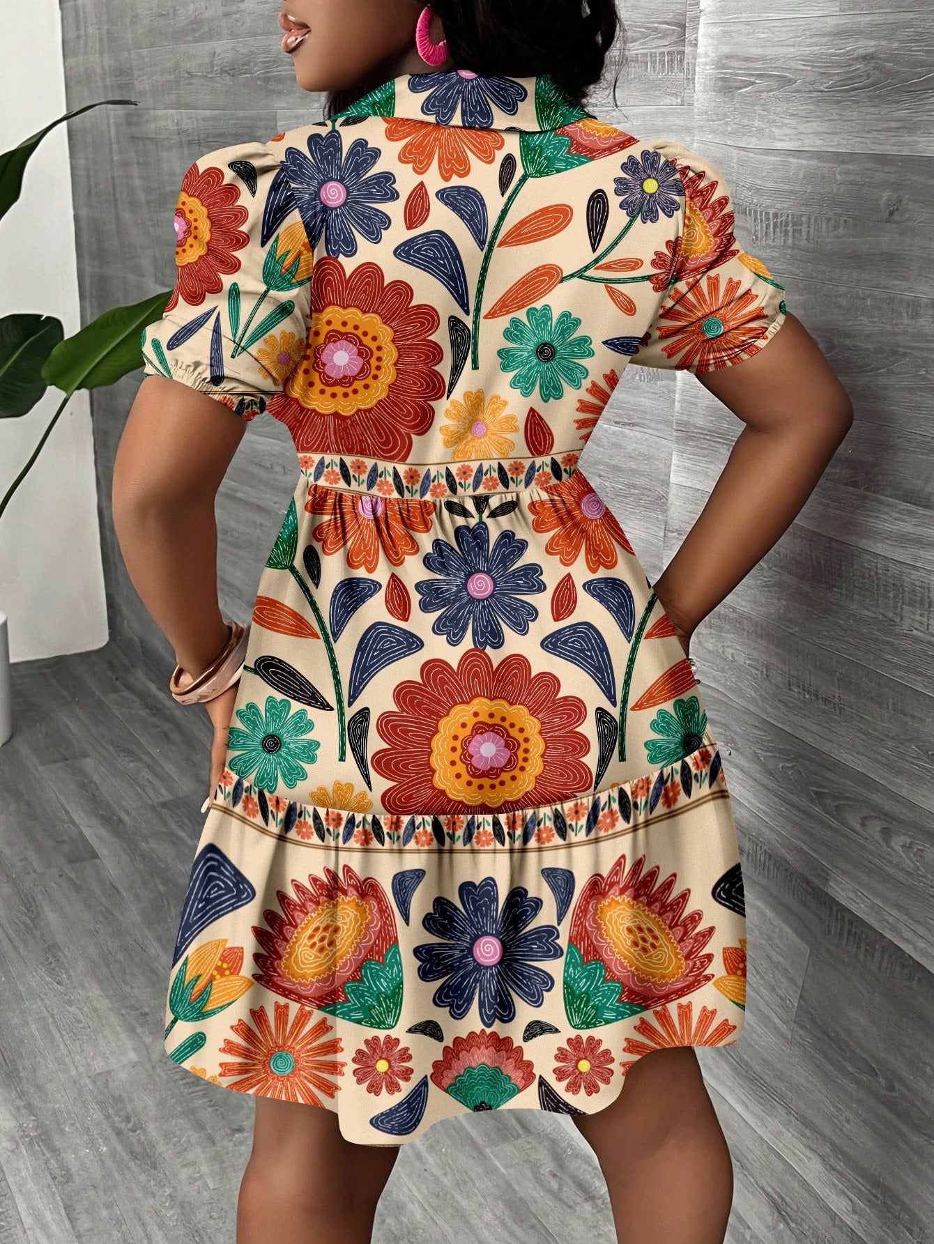 Slaydiva Zanzea Women's Black And Orange Summer Boho Vacation Mini Shirt Dress,Puff Sleeve A-Line Flora Graphic Sun Dresses,Casual Country Style Work Outfits