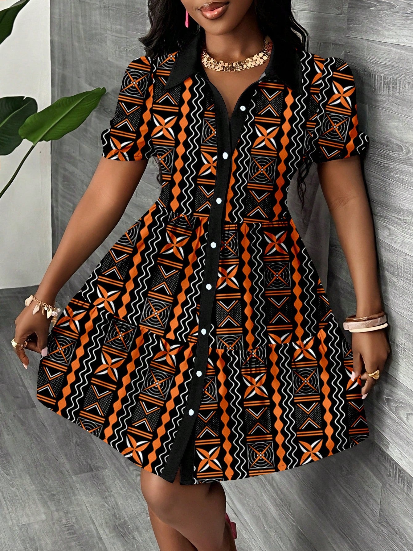 Slaydiva Zanzea Women's Black And Orange Summer Boho Vacation Mini Shirt Dress,Puff Sleeve A-Line Flora Graphic Sun Dresses,Casual Country Style Work Outfits
