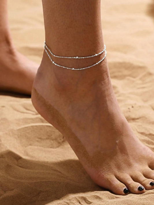 Sliver Plated Multilayer Anklet Set For Women, Waterproof Anklet Bracelet Set, Tarnish Resistant, Summer Beach Jewelry Gift Silver Elegant Anklet