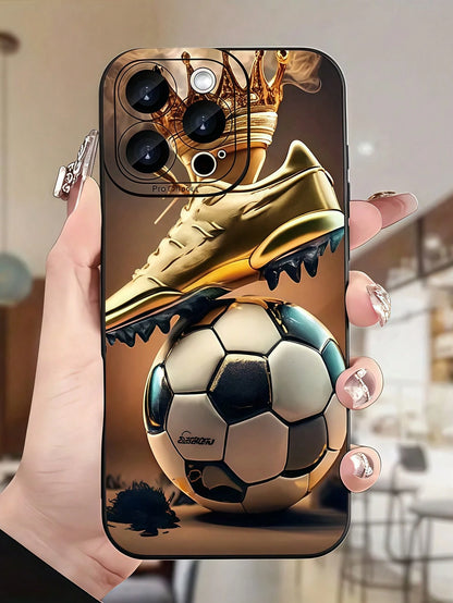 Soccer Theme Elements TPU Black Shockproof Soccer 1pc Black Football Graphic Full Coverage TPU Fashion Phone Case Compatible With IPhone 16, 15, 14, 13, 12, 11 Pro Max & Series Waterproof Anti-Fall Sc