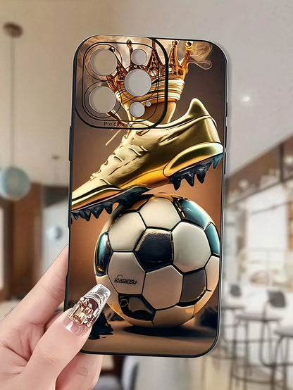 Soccer Theme Elements TPU Black Shockproof Soccer 1pc Black Football Graphic Full Coverage TPU Fashion Phone Case Compatible With IPhone 16, 15, 14, 13, 12, 11 Pro Max & Series Waterproof Anti-Fall Sc